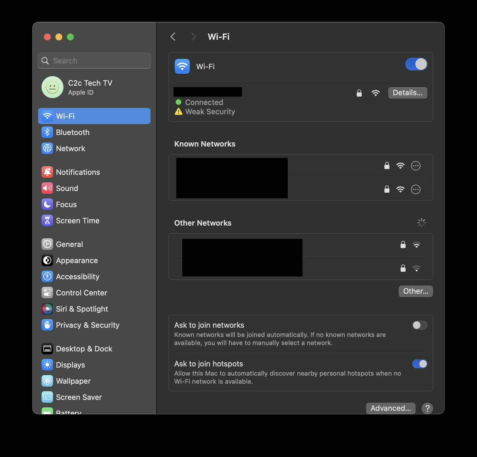 Wifi System Settings on Mac